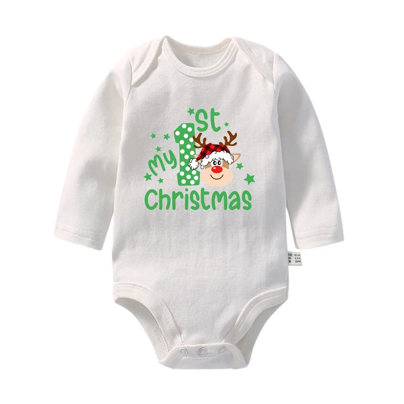 Cute My First Christmas Newborn Baby Long Sleeve Bodysuit Cartoon Reindeer Christmas Printed Infant Boys Girls Rompers Xmas Gift