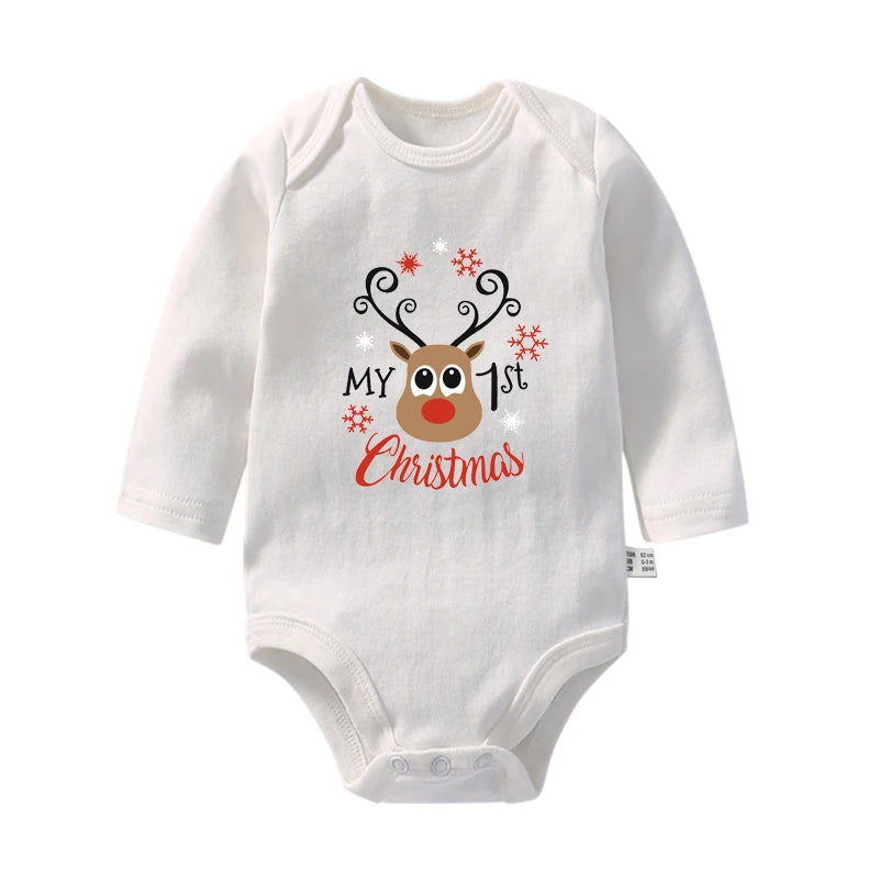 Cute My First Christmas Newborn Baby Long Sleeve Bodysuit Cartoon Reindeer Christmas Printed Infant Boys Girls Rompers Xmas Gift