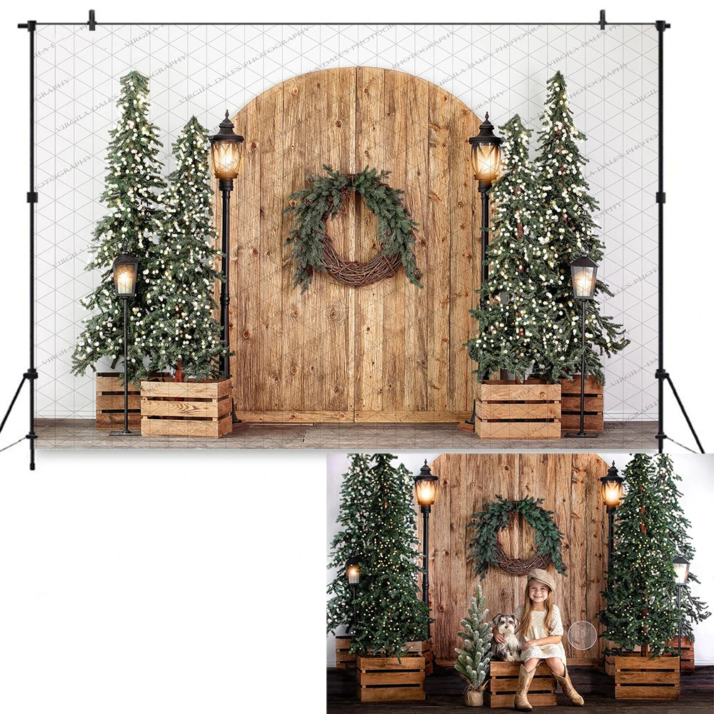 Golden Oak Passage With Lights Xmas Backdrops Kids Adult Photography Child Baby Photocall Christmas Barn Door Background