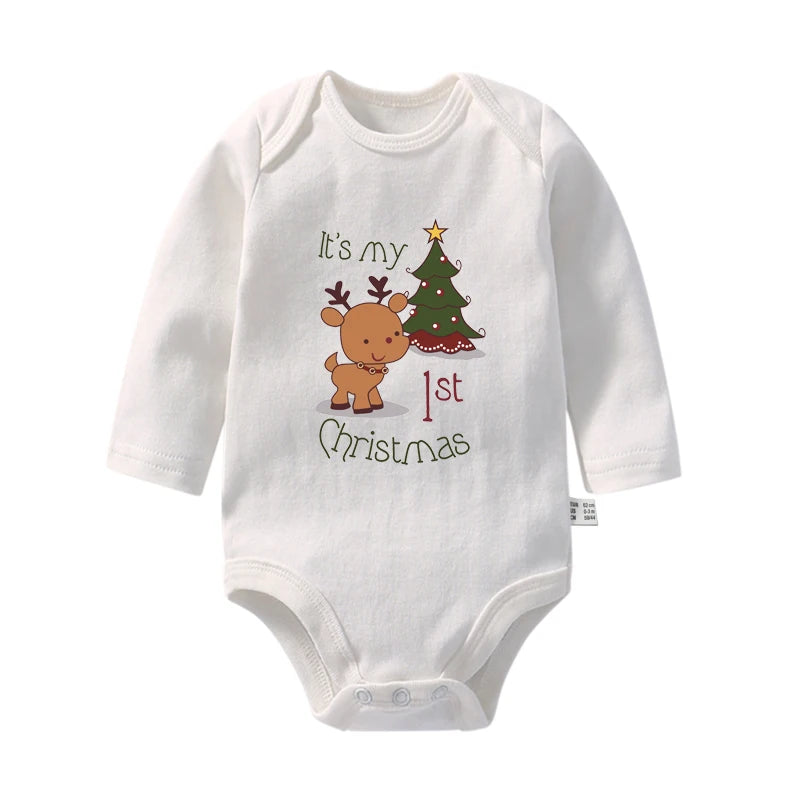 Cute My First Christmas Newborn Baby Long Sleeve Bodysuit Cartoon Reindeer Christmas Printed Infant Boys Girls Rompers Xmas Gift