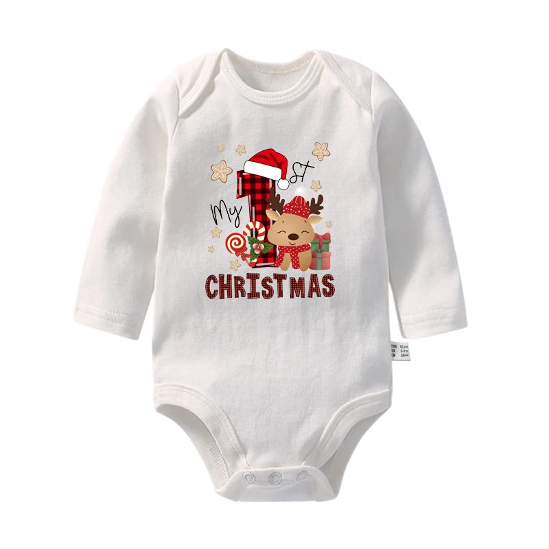 Cute My First Christmas Newborn Baby Long Sleeve Bodysuit Cartoon Reindeer Christmas Printed Infant Boys Girls Rompers Xmas Gift