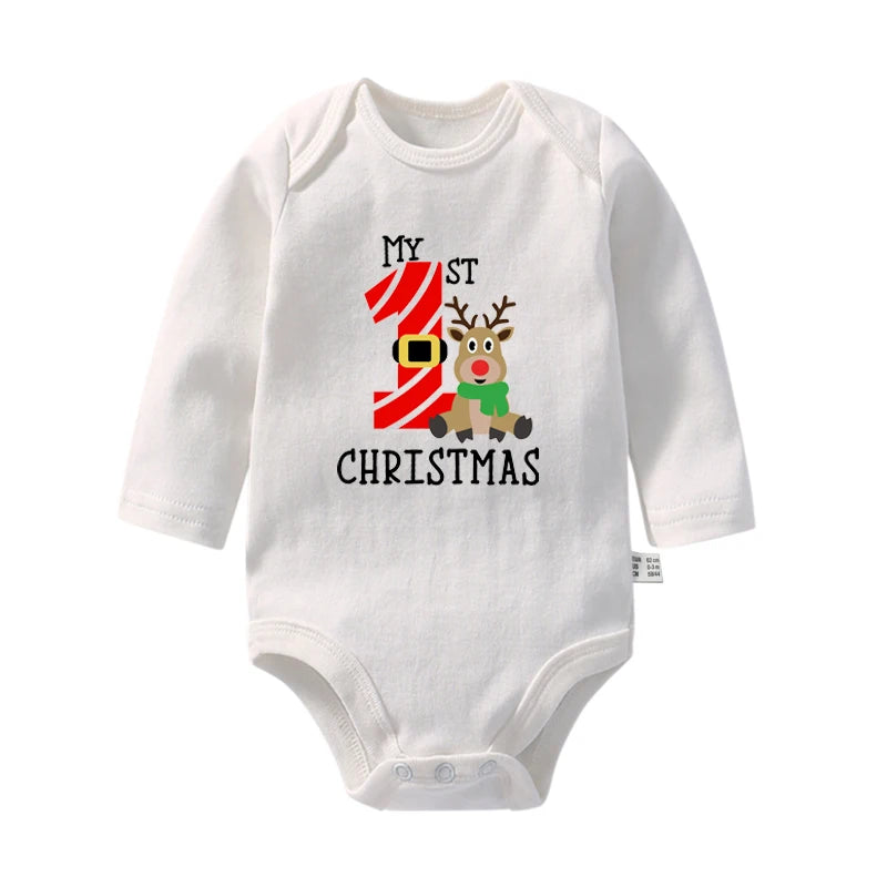 Cute My First Christmas Newborn Baby Long Sleeve Bodysuit Cartoon Reindeer Christmas Printed Infant Boys Girls Rompers Xmas Gift