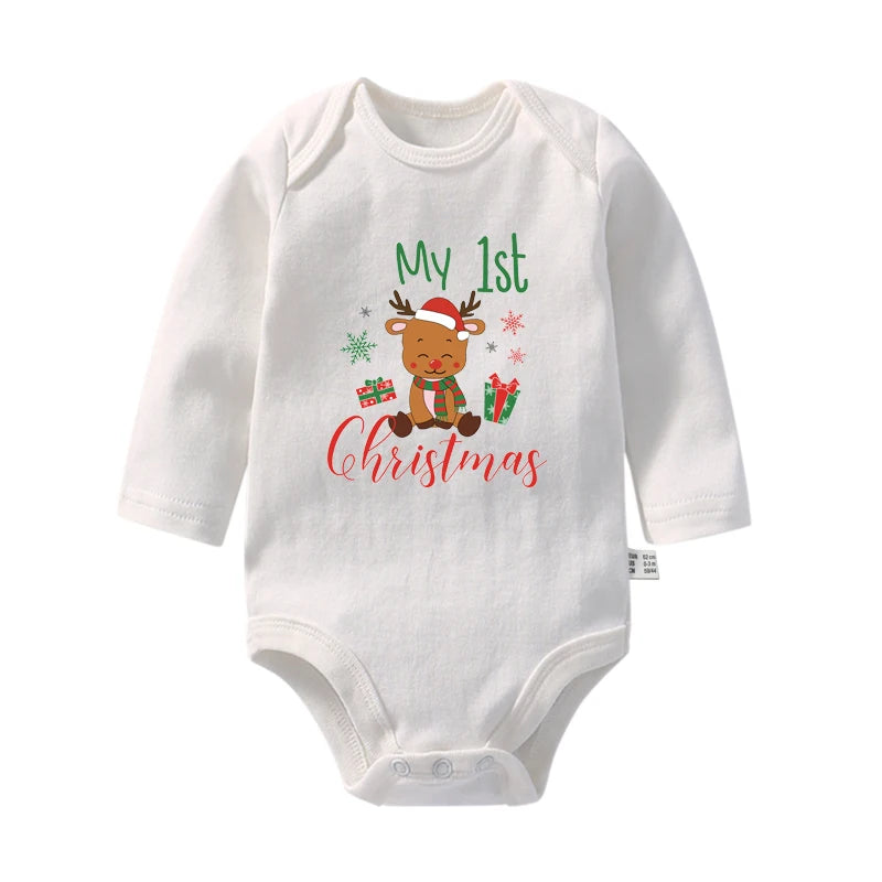 Cute My First Christmas Newborn Baby Long Sleeve Bodysuit Cartoon Reindeer Christmas Printed Infant Boys Girls Rompers Xmas Gift